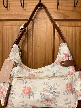 Fiorelli White Floral Shoulder Bag with Brown Trim